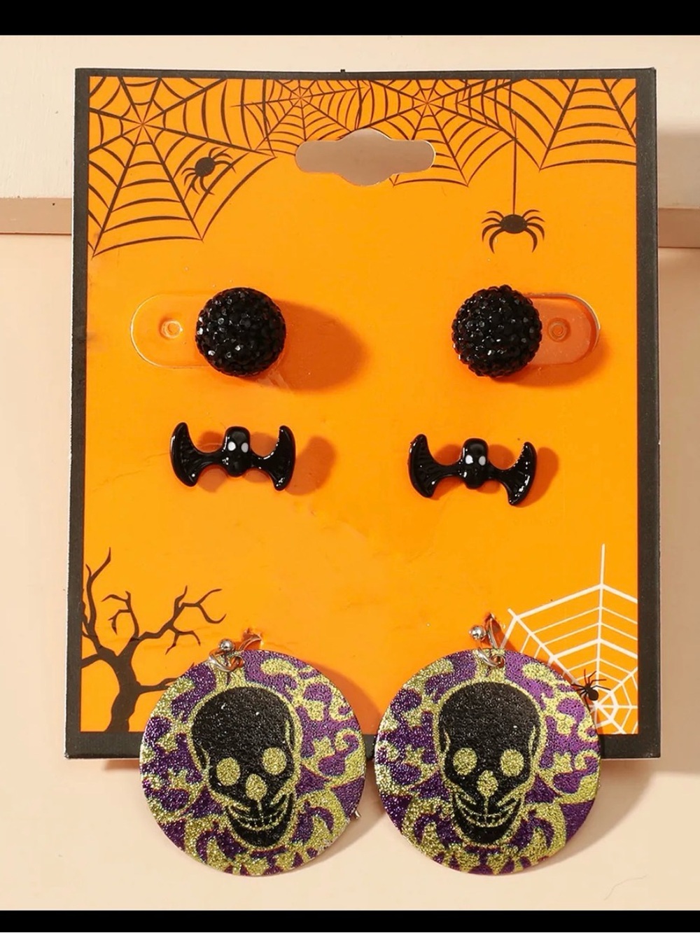 Halloween Skull Bat Earring Set - Black and Purple Skull Earrings